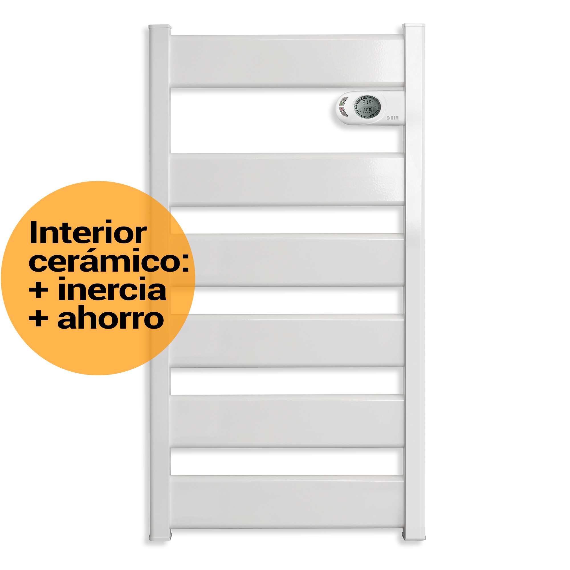 Radiador blanco. Tiene barras horizontales. Texto a la izquierda y pantalla digital a la derecha.
