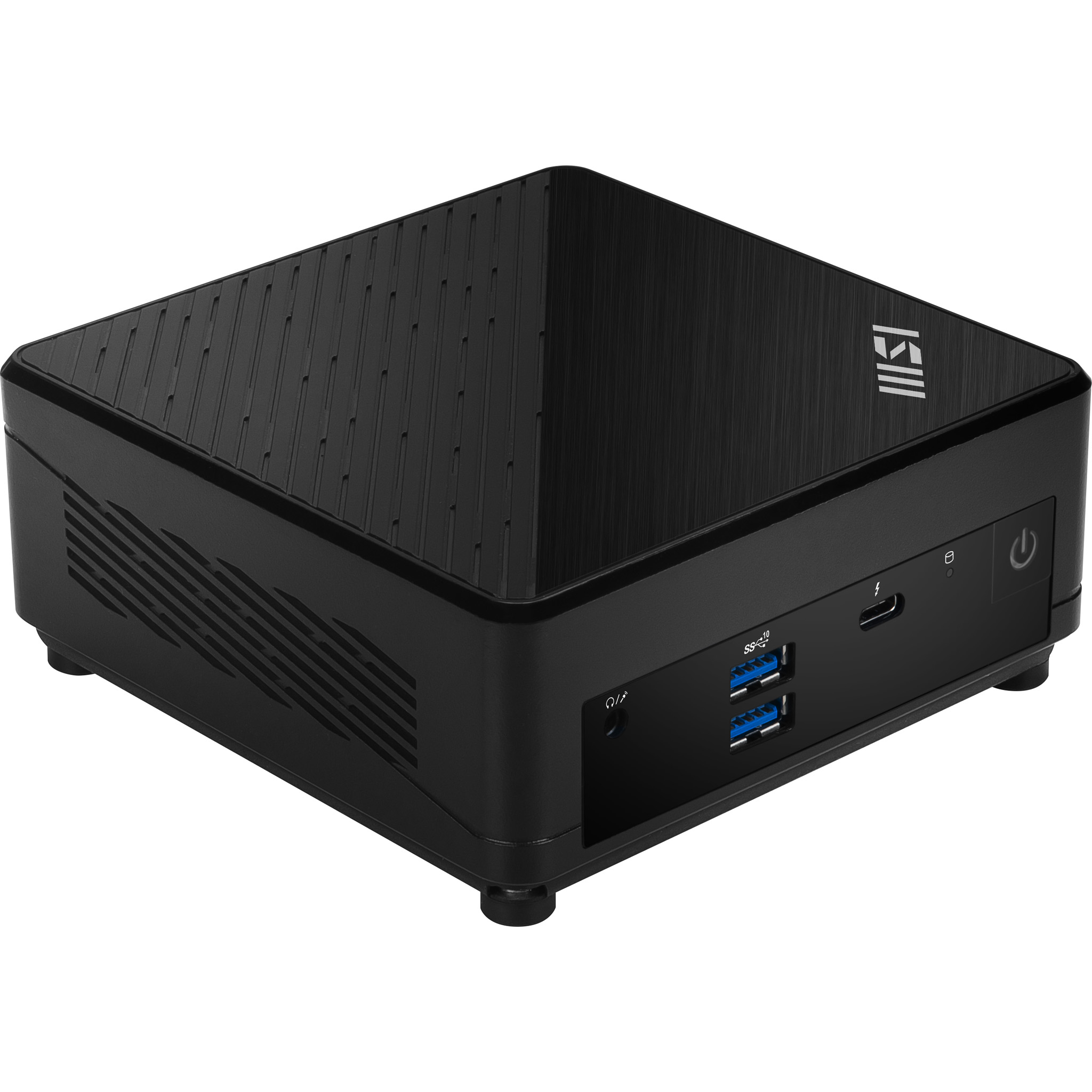 Czarny mini PC z portami. Ma teksturowany wierzch i stoi na białej powierzchni.