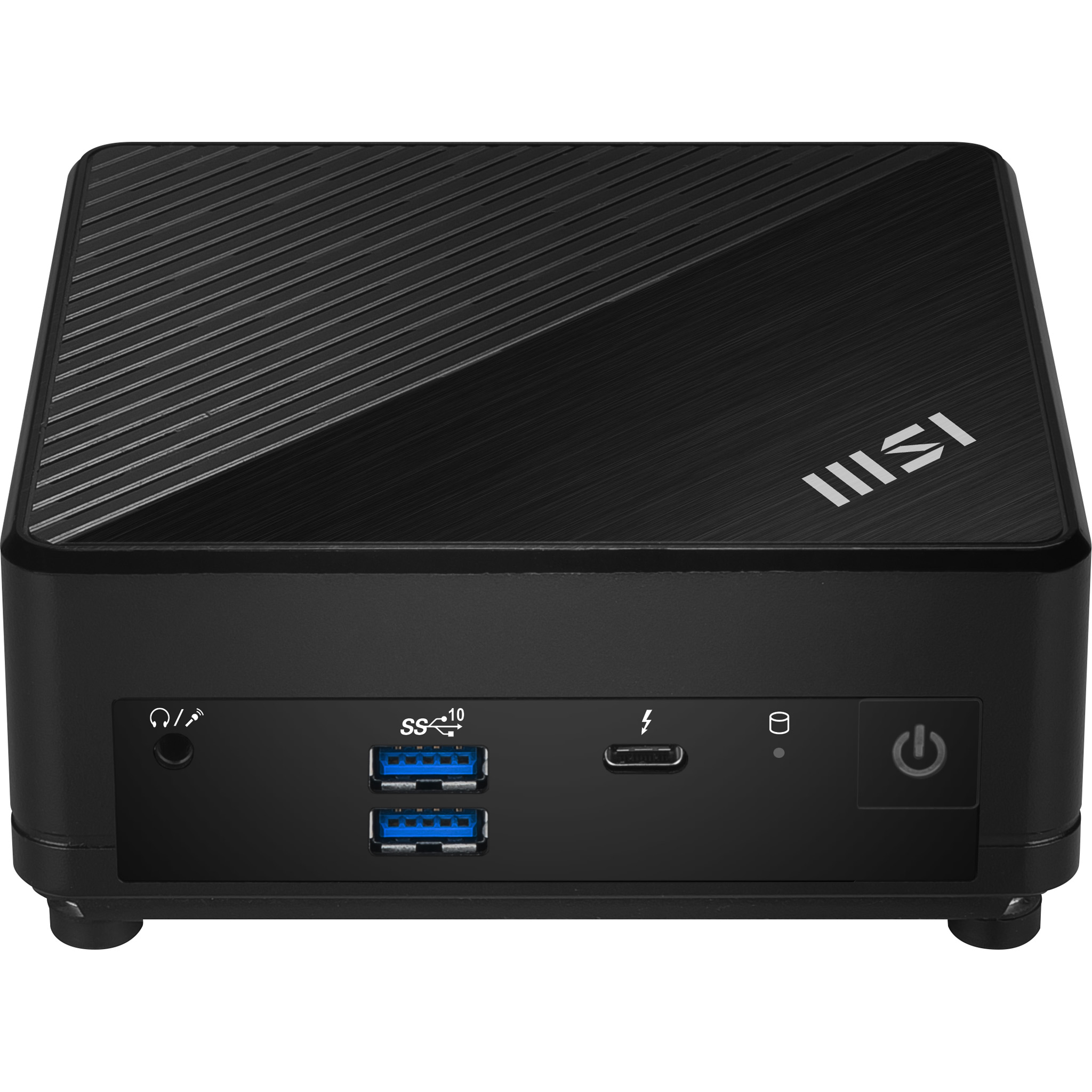 Czarny mini PC MSI z portami, w tym USB i przyciskiem zasilania z przodu.