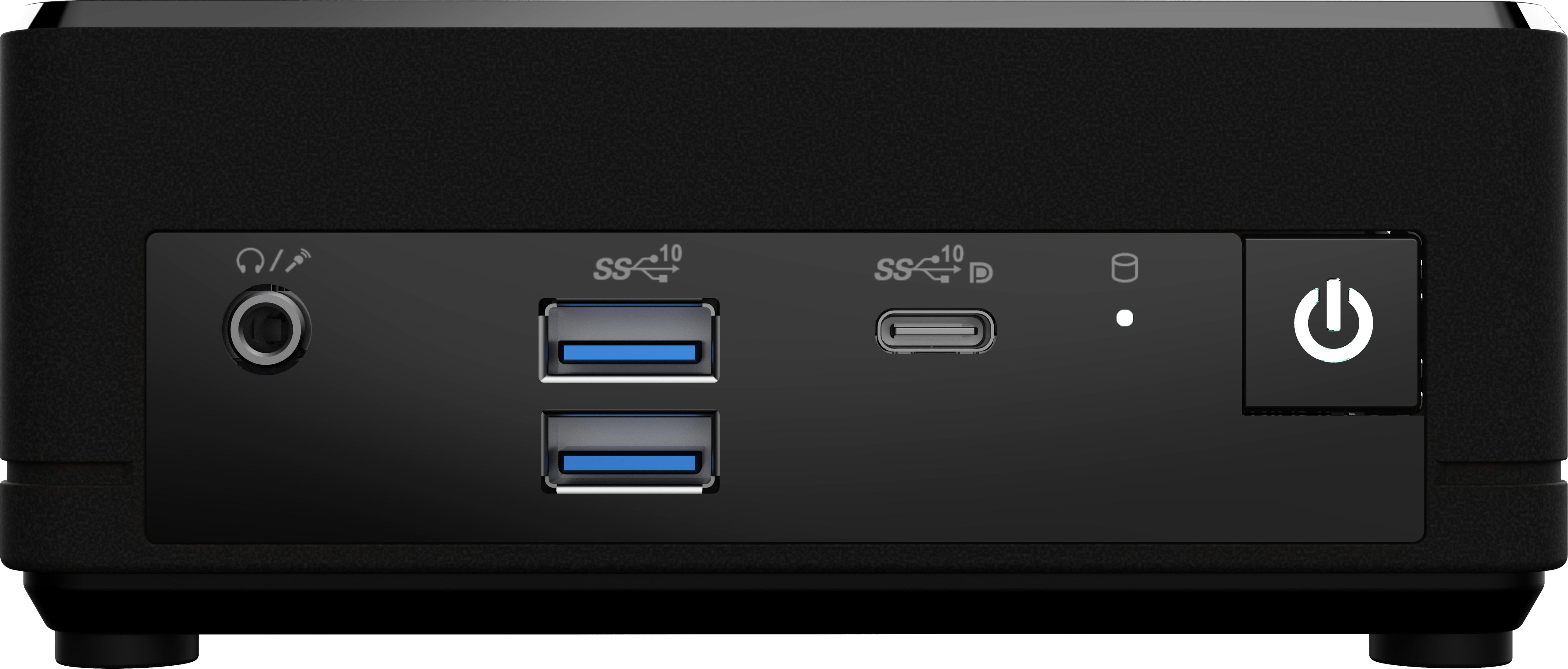Czarne urządzenie z portami audio, USB i zasilania. Widoczny przód.