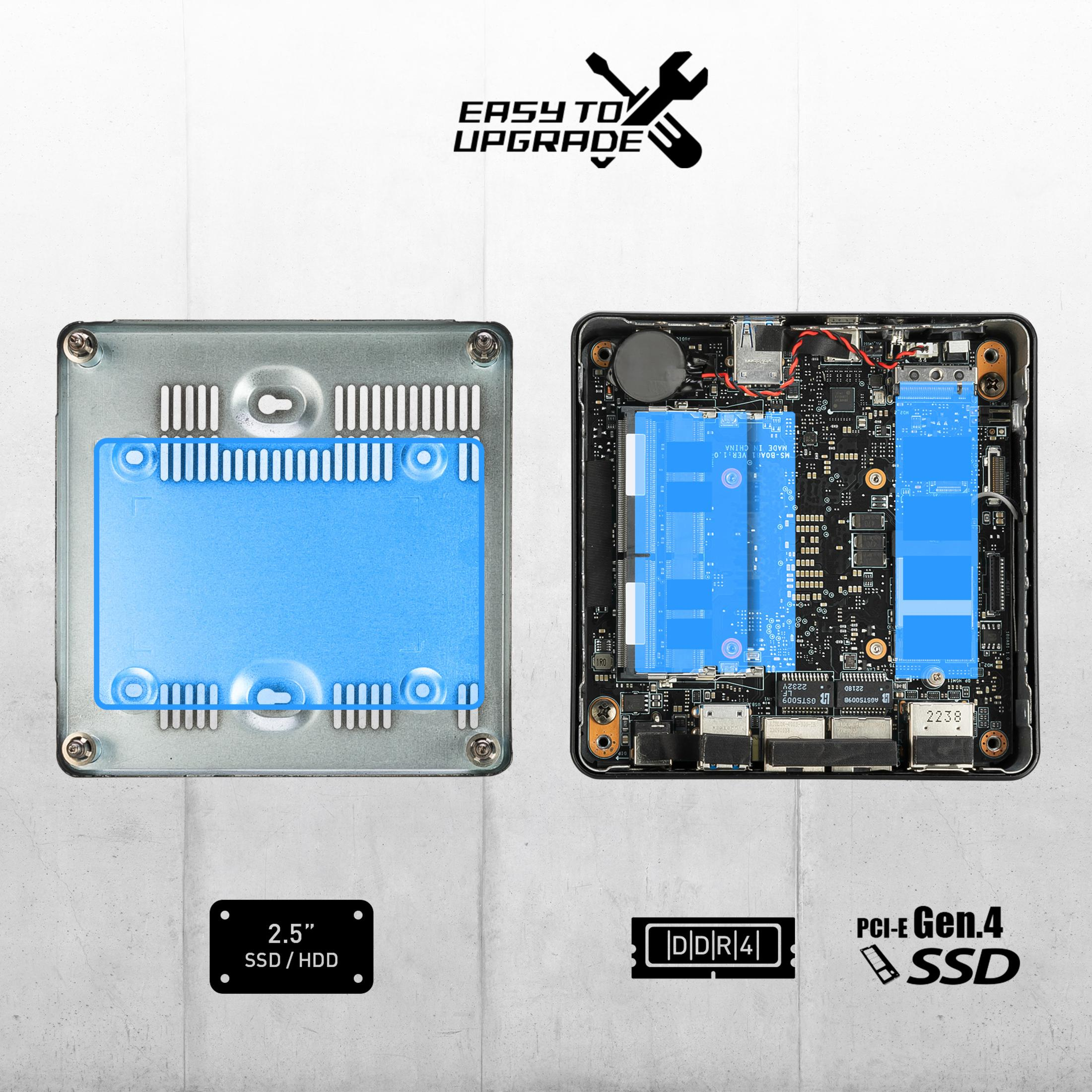 Eine Computerkomponente mit Top- und Bottom-Ansicht, die interne Teile zeigt. Zu den Merkmalen gehört ein 2,5" SSD/HDD-Steckplatz.