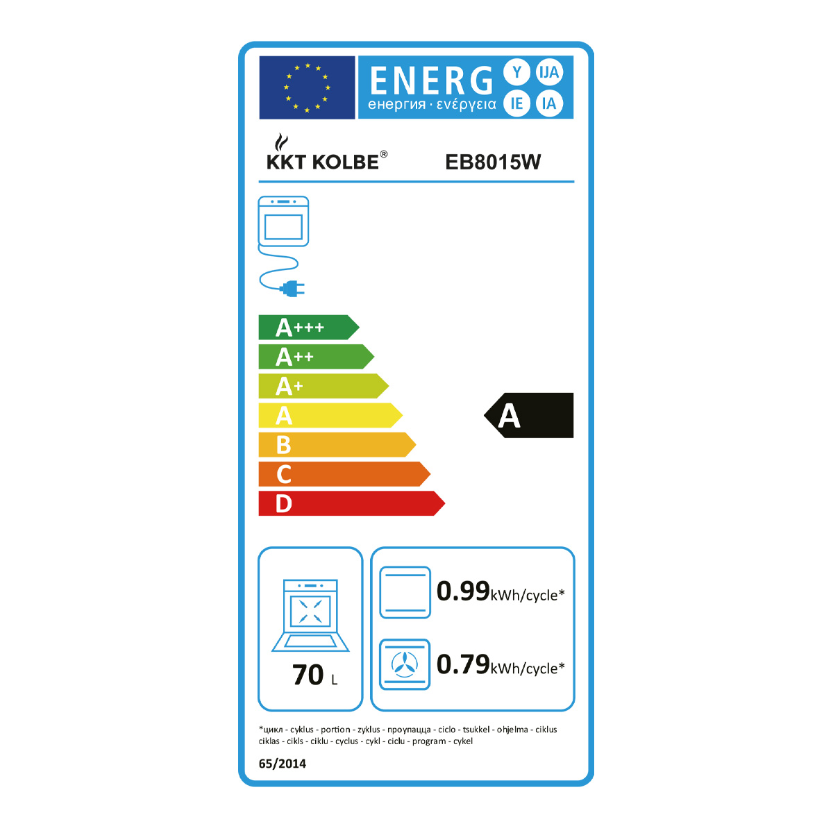 Ein Energielabel für einen Ofen mit Informationen zur Energieeffizienz.