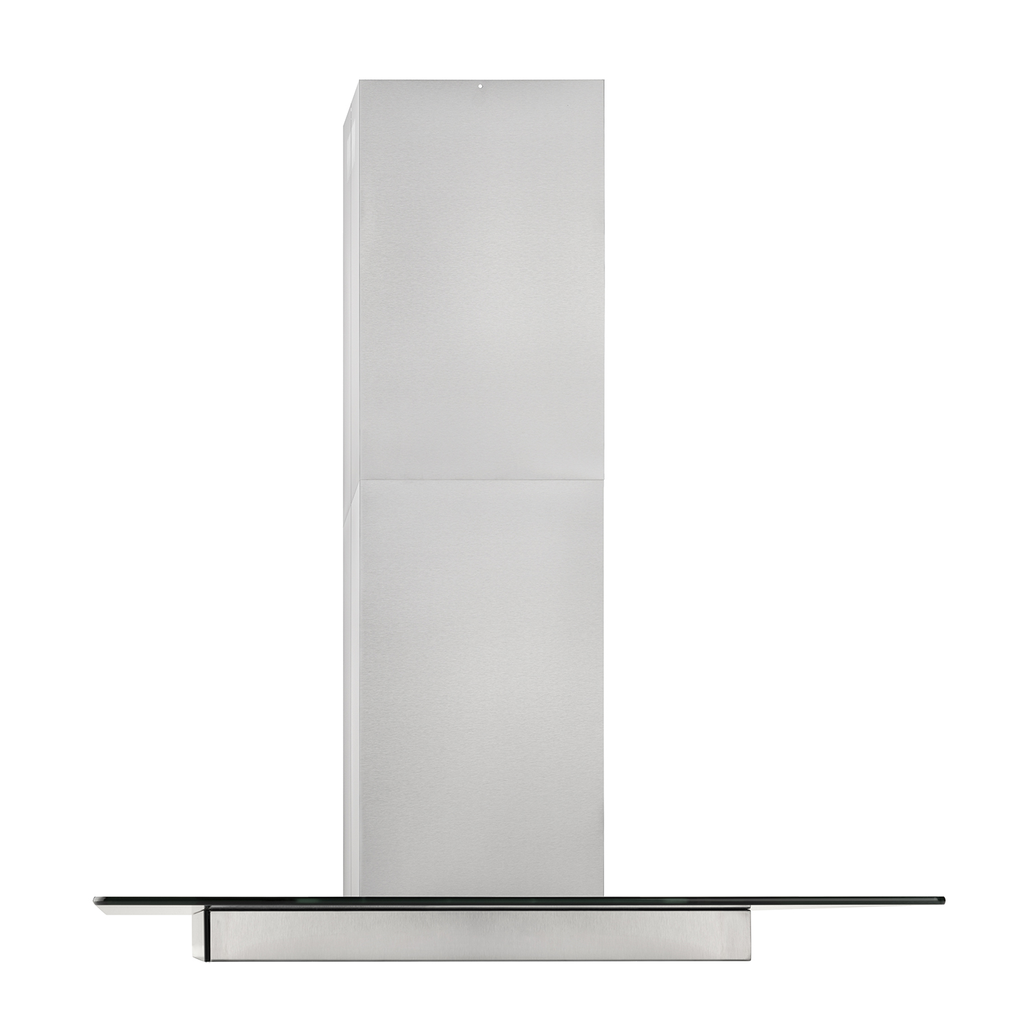 Eine Edelstahl-Dunstabzugshaube mit Glasablage und weißem Hintergrund.