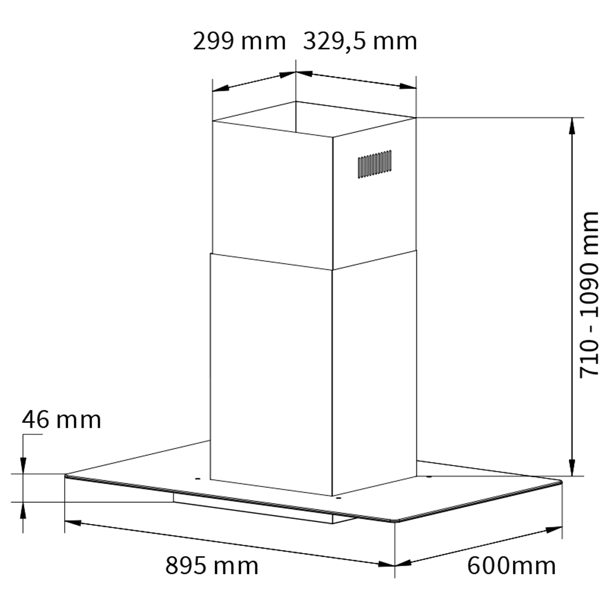 Ein Diagramm mit Abmessungen einer Kaminhaube, mit beschrifteten Maßen.