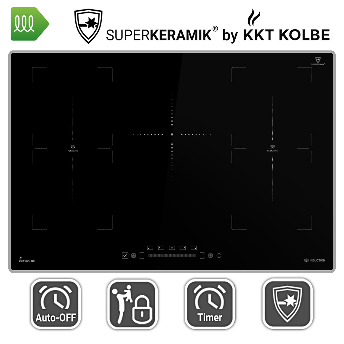 Schwarzes Induktionskochfeld mit Touch-Bedienelementen und Logos. Vier Kochzonen und ein schlankes Design.