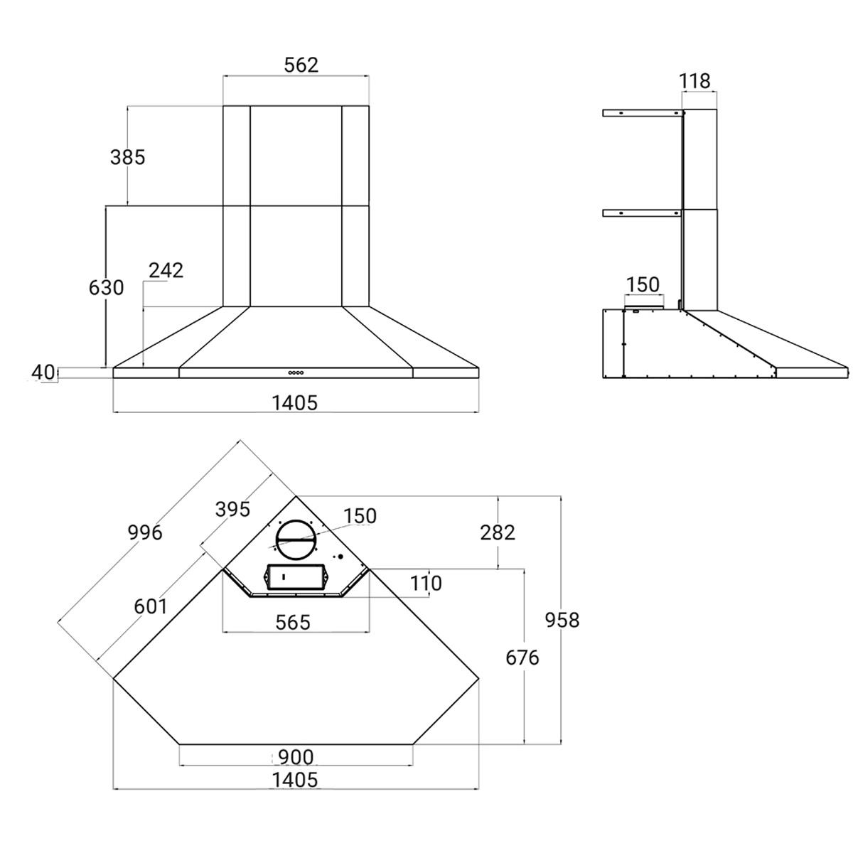 Diagramm einer Kaminhaube mit Abmessungen, Winkelansichten und Maßen.