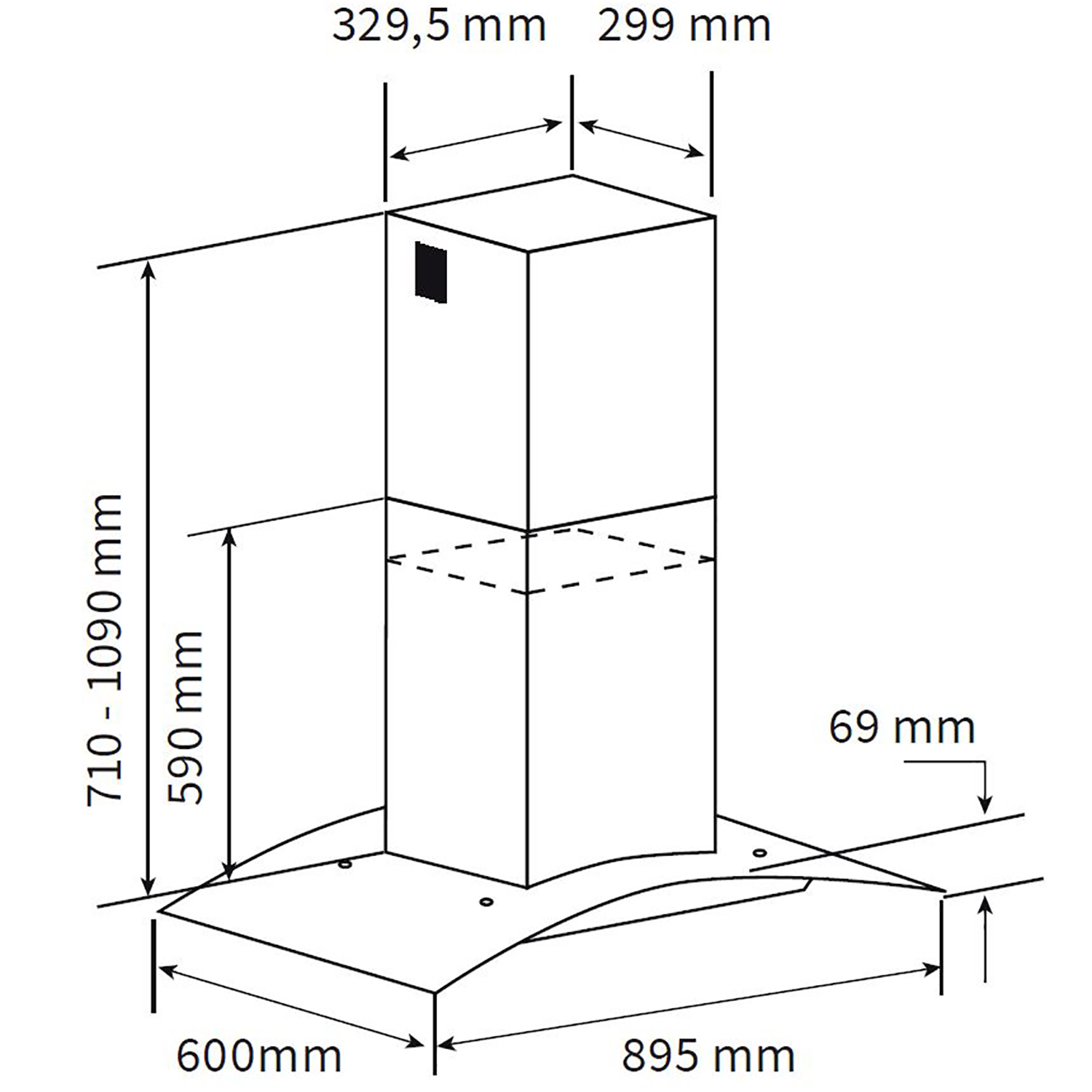 Diagramm einer Dunstabzugshaube mit Abmessungen in Millimetern. Es zeigt Höhe, Breite und Tiefe der Haube.