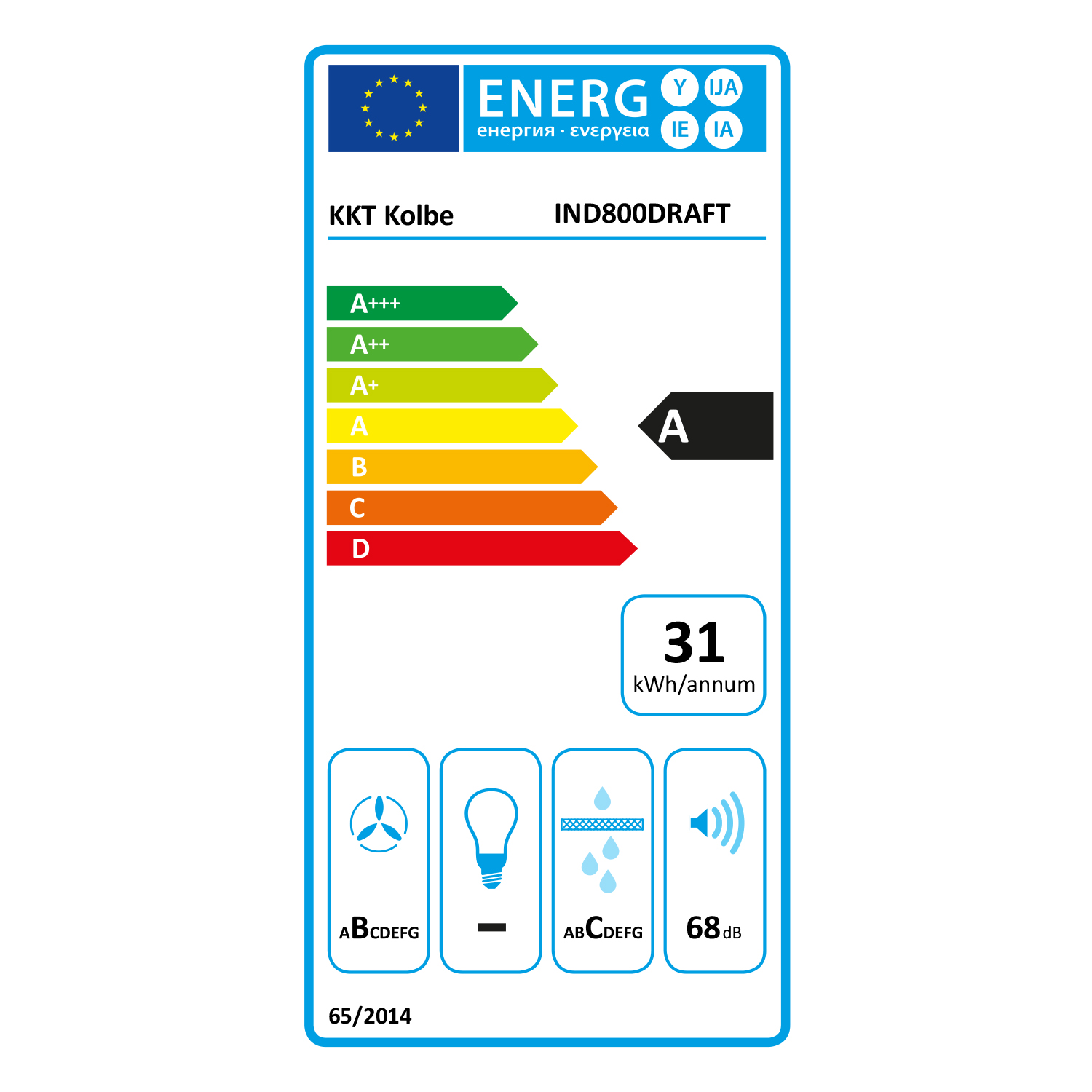 Energielabel für ein Produkt. Zeigt die Energieeffizienzklasse A. Weitere Symbole auf dem Etikett sind vorhanden.