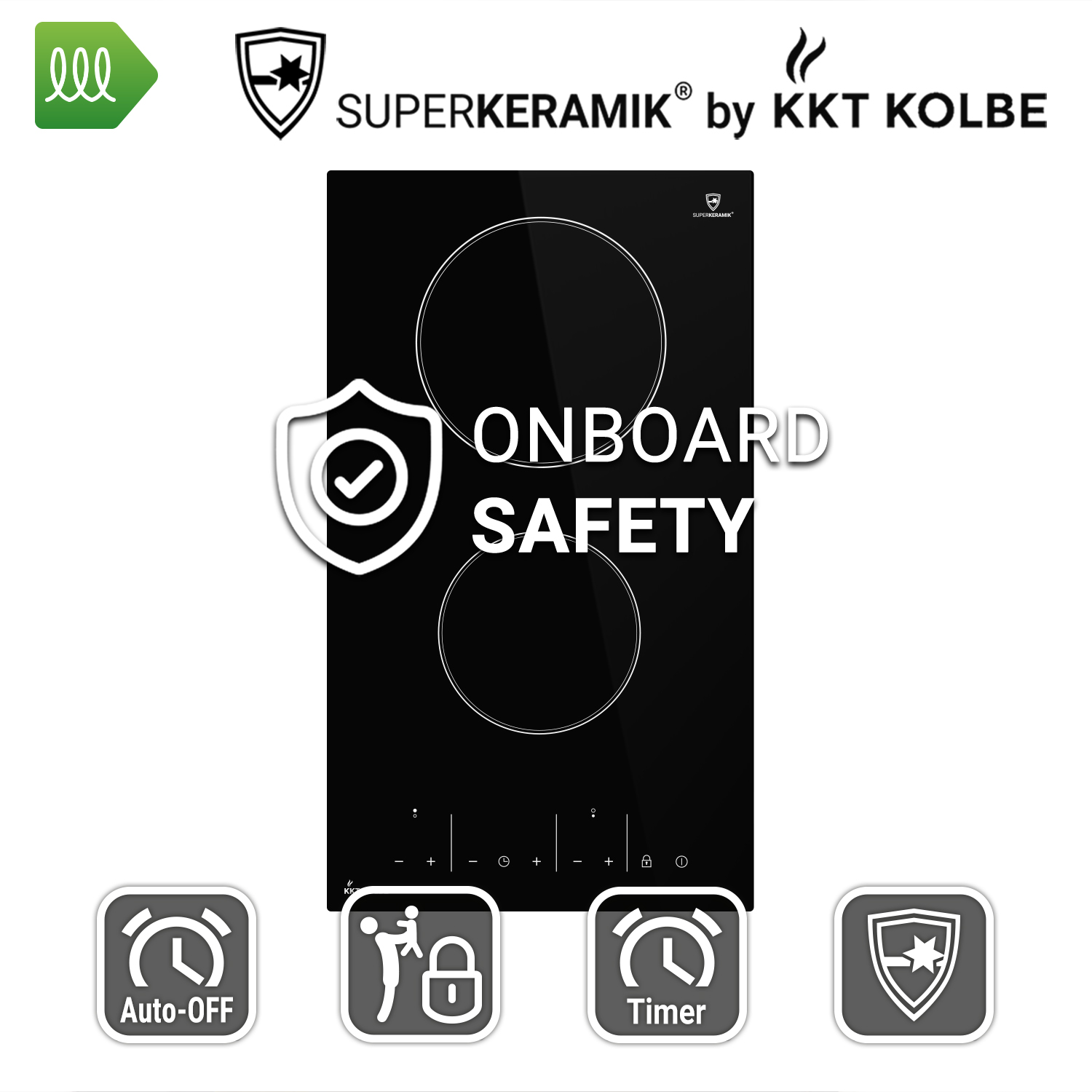Schwarzes Cerankochfeld mit zwei Kochzonen und Text 'ONBOARD SAFETY', mit Symbolen für Funktionen.