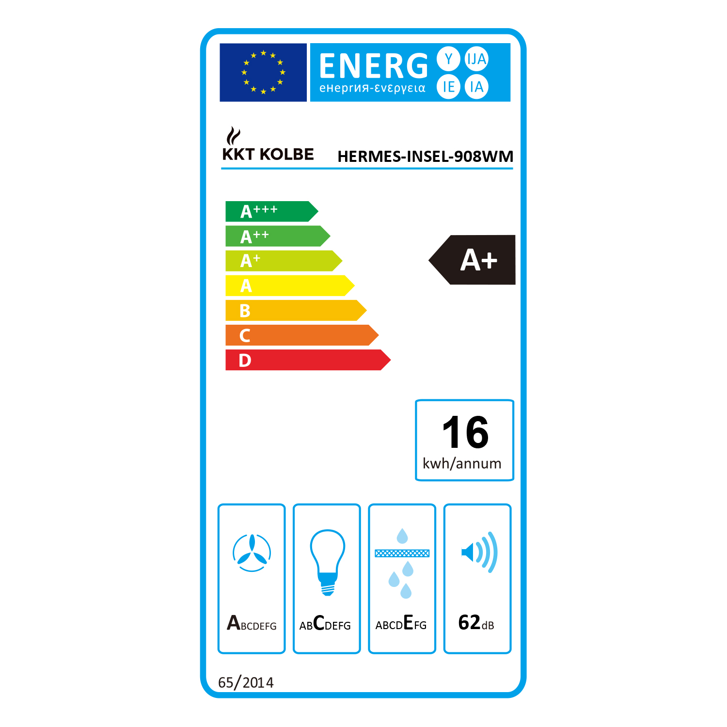 Energieeffizienzlabel; A+ Bewertung, Details zum Energieverbrauch.