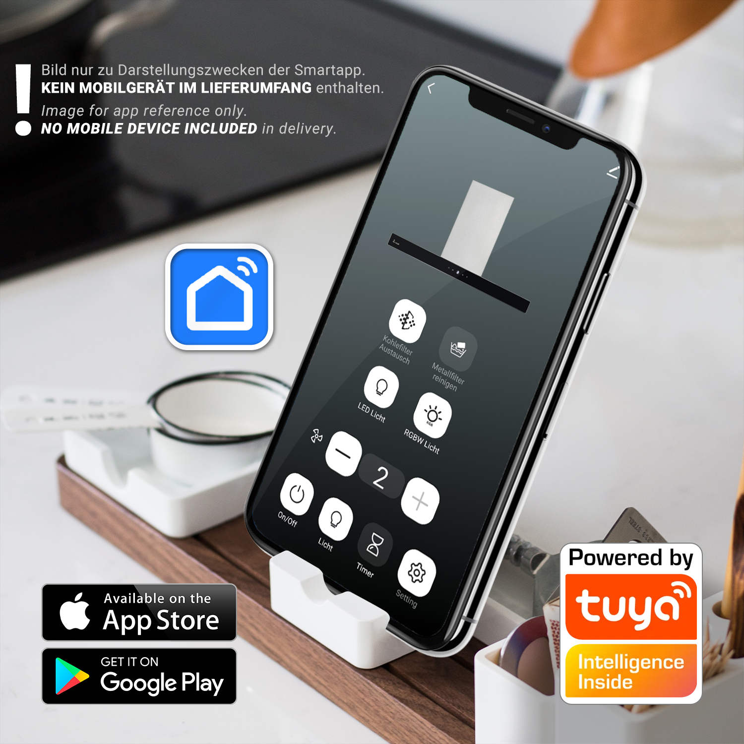 Smartphone auf einem Ständer mit App-Icons auf dem Bildschirm. App Store und Tuya-Branding sichtbar.