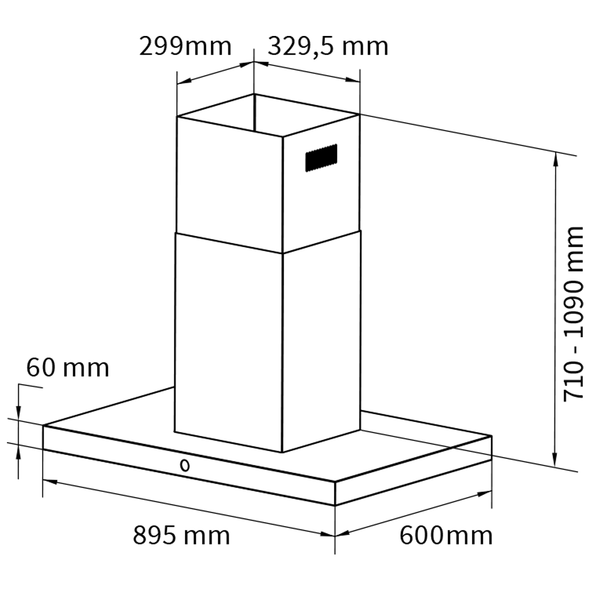 Ein Diagramm einer Dunstabzugshaube mit in Millimetern beschrifteten Abmessungen. Die Form ist rechteckig.