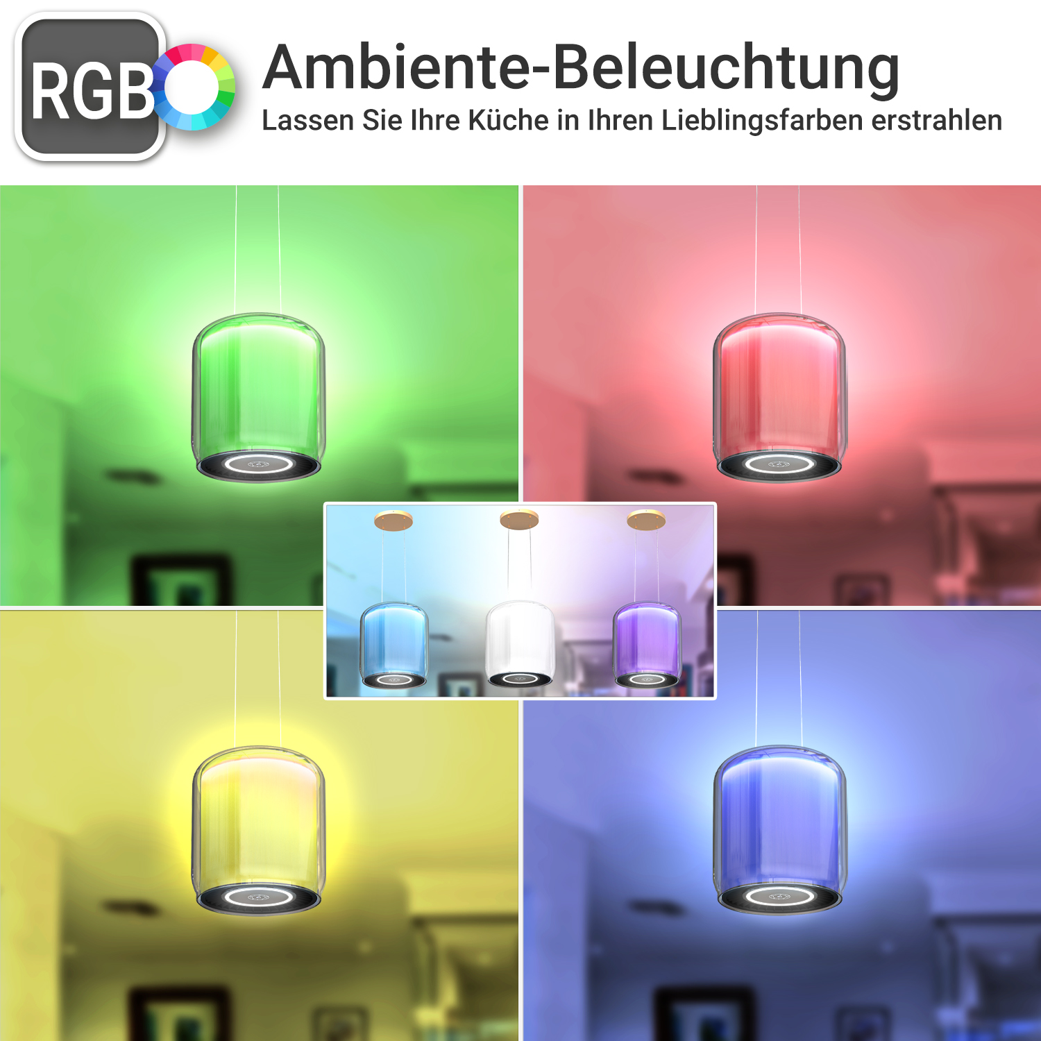 Fünf Pendelleuchten mit verschiedenen Farbtönen, die RGB-Ambientebeleuchtung anzeigen.