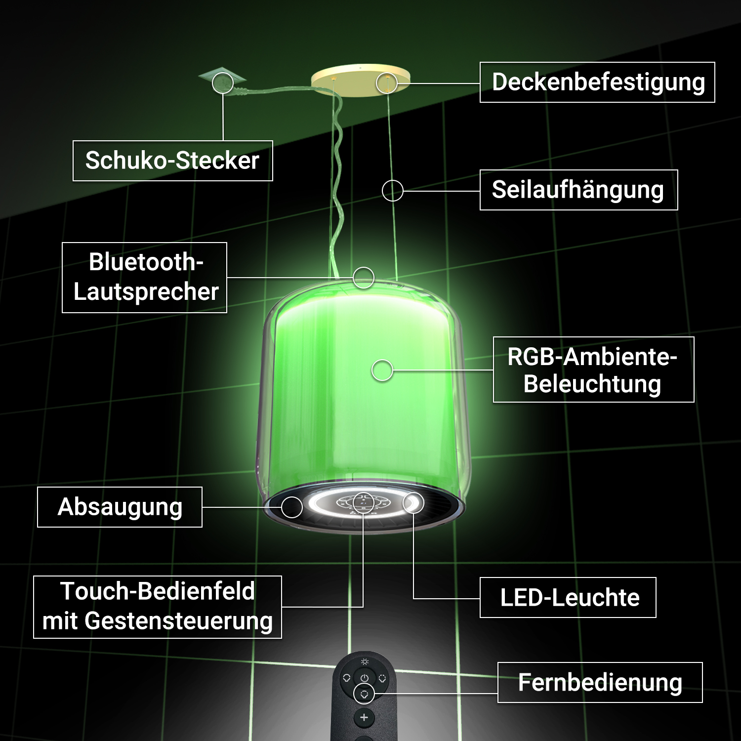 Eine grüne Pendelleuchte mit Bluetooth-Lautsprecher, RGB-Ambientebeleuchtung und Fernbedienung.