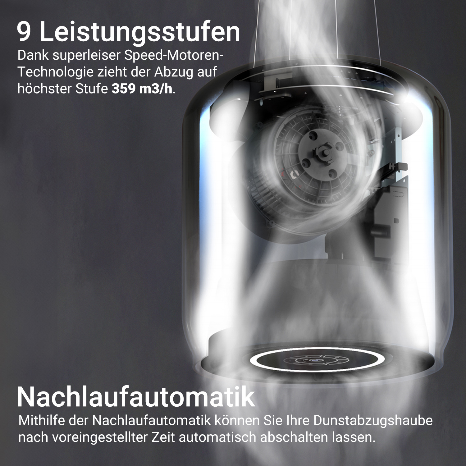 Dunstabzugshaube mit Text und Diagramm. Zeigt 9 Stufen und Nachlauffunktion.