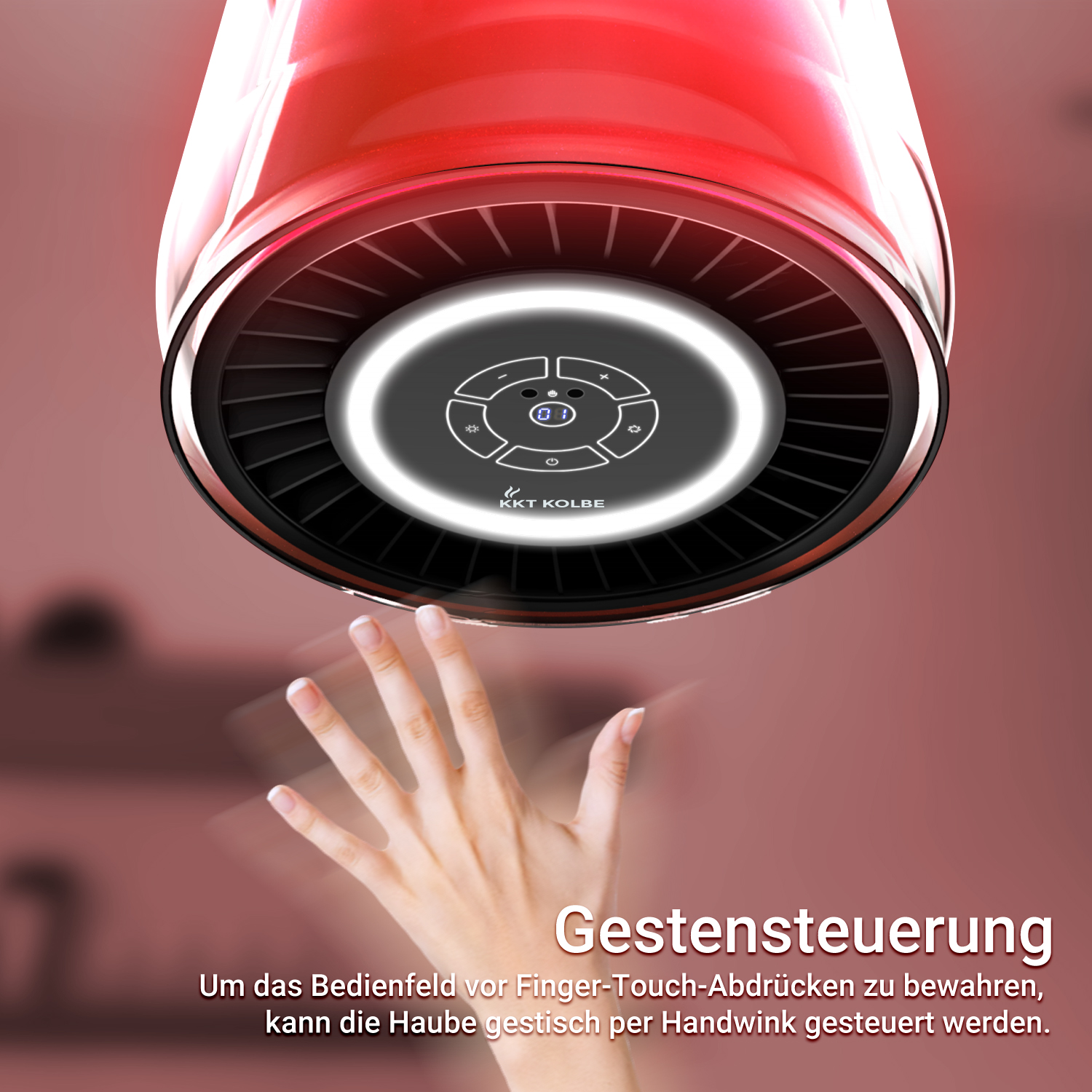 Rotes Gerät mit Touch-Bedienelementen, Hand greift danach.