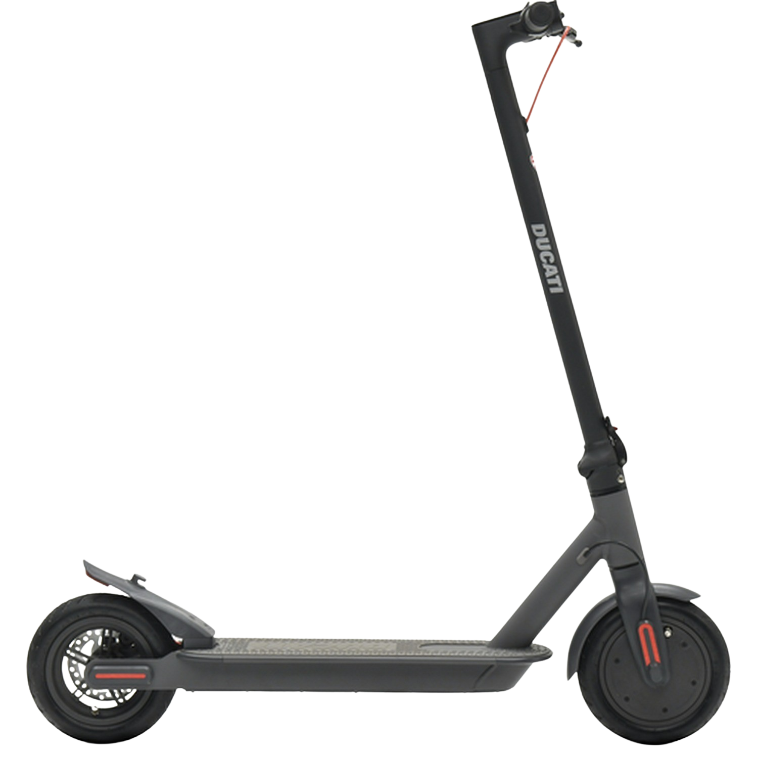 Czarny skuter elektryczny Ducati. Widok z boku. Czarne tło.