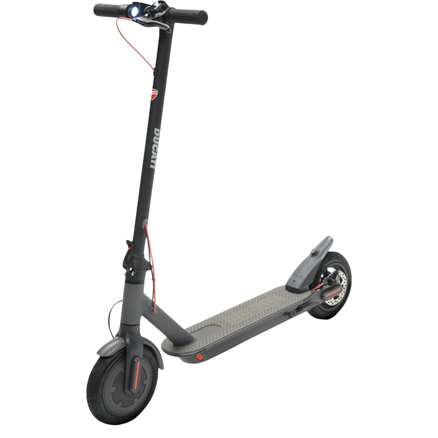 Czarna hulajnoga elektryczna Ducati. Czerwone akcenty. Szara platforma. Białe tło.