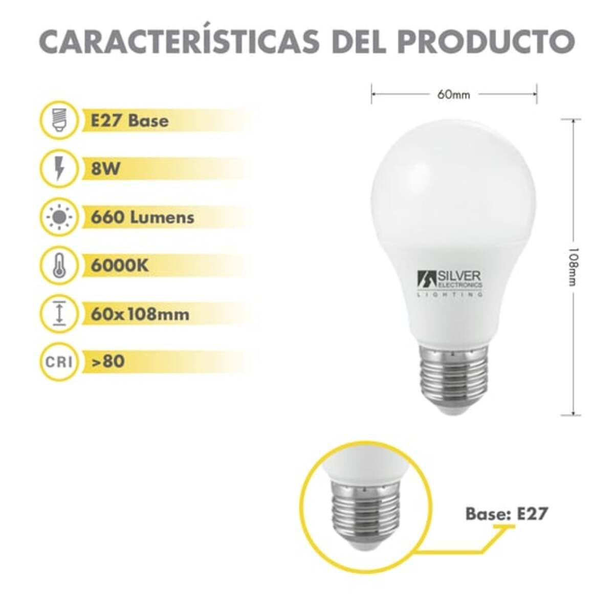 Una lampadina bianca con dettagli di testo e misure. Il marchio è Silver Lighting.