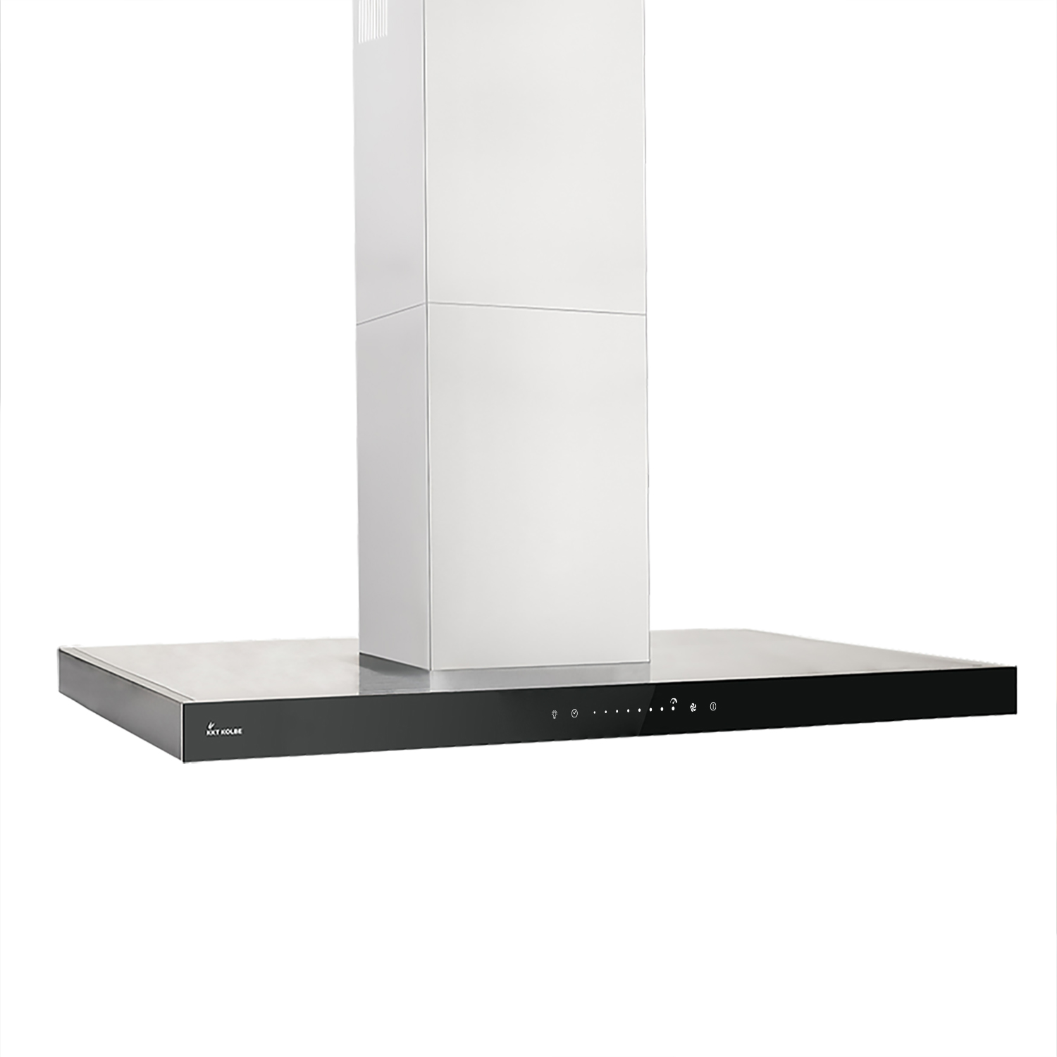 Cappa da cucina moderna con base nera e camino bianco. Sfondo bianco.