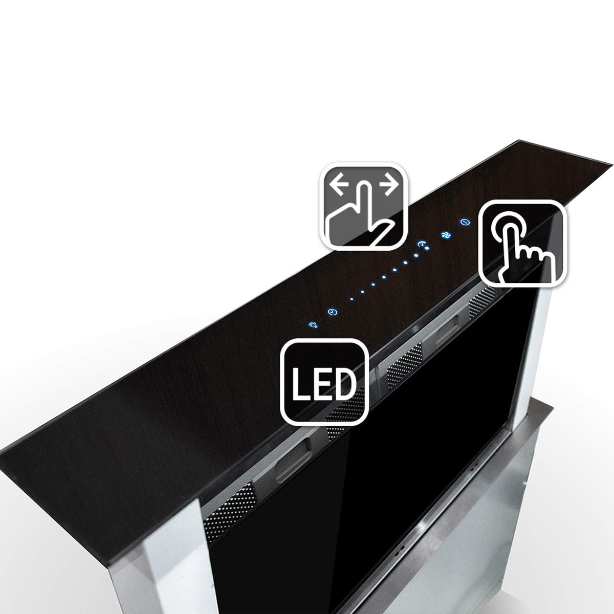 Nahaufnahme einer schwarzen Dunstabzugshaube mit Touch-Bedienelementen und LED-Leuchten.