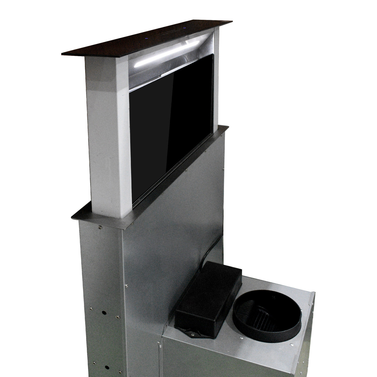 Ein silberner Pop-up-TV-Lift mit Bildschirm und schwarzer Box.