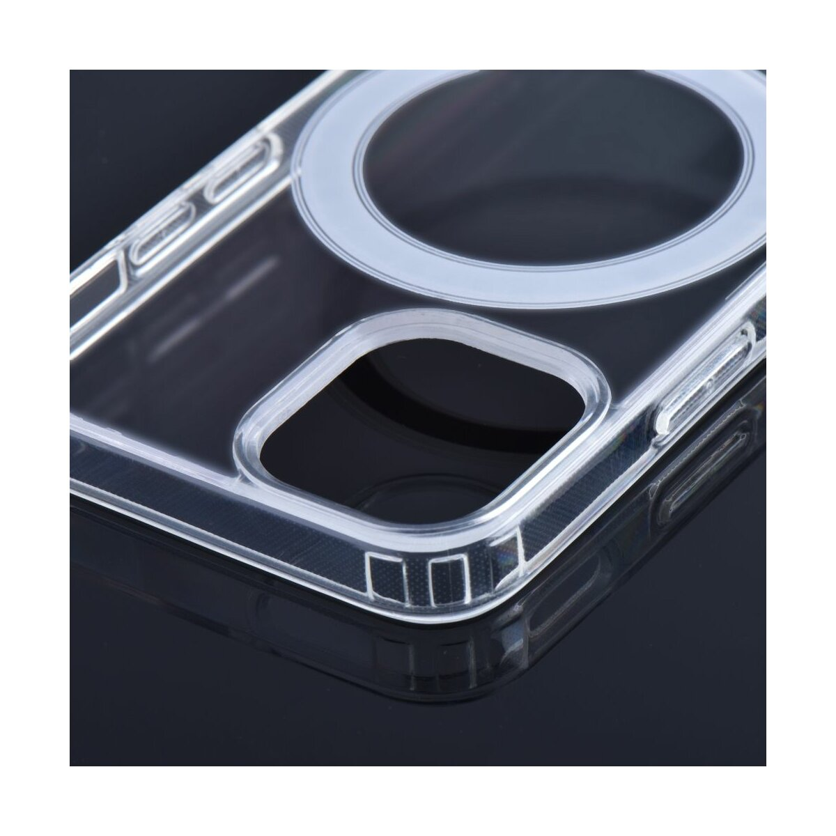 Custodia trasparente per telefono con anello magnetico su sfondo scuro.