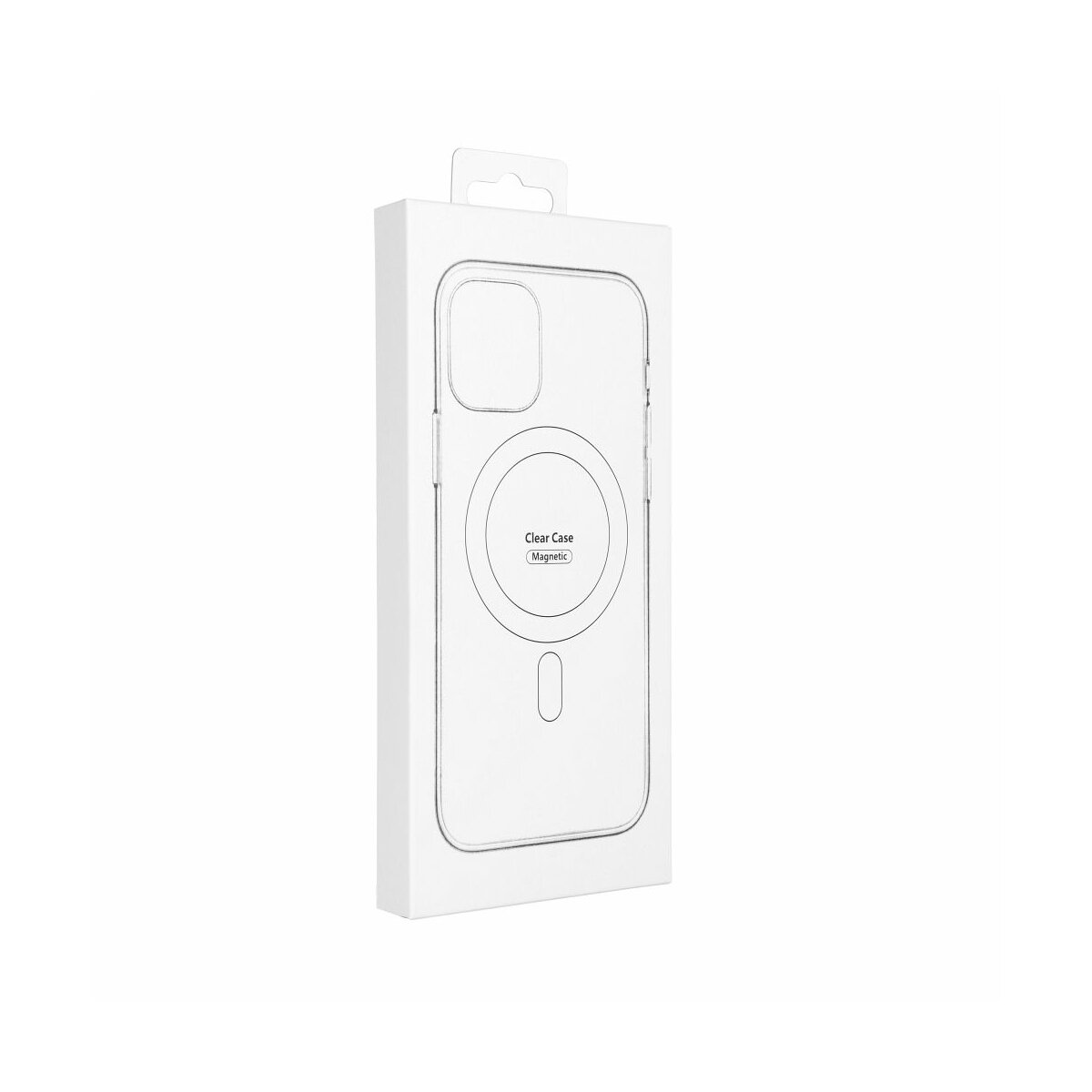 Una custodia trasparente per telefono con un cerchio magnetico, confezionata in una scatola bianca.