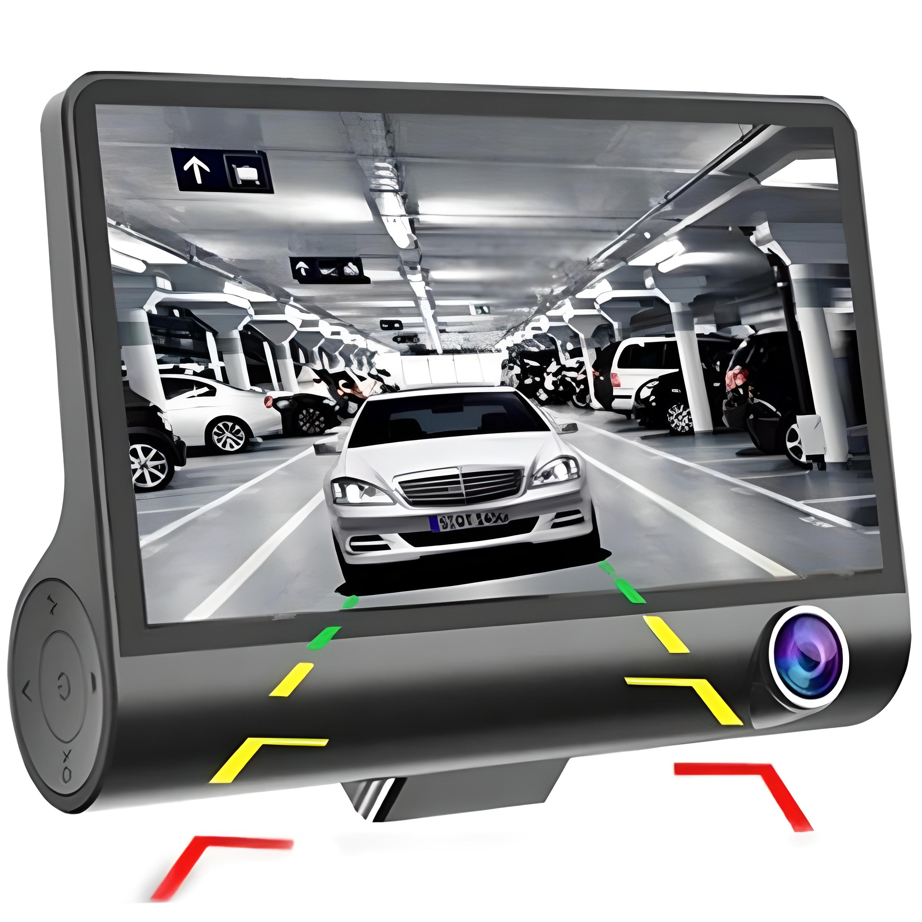 Dashcam-Bildschirm mit Parkhaus. Zeigt weißes Auto mit grünen und gelben Linien.
