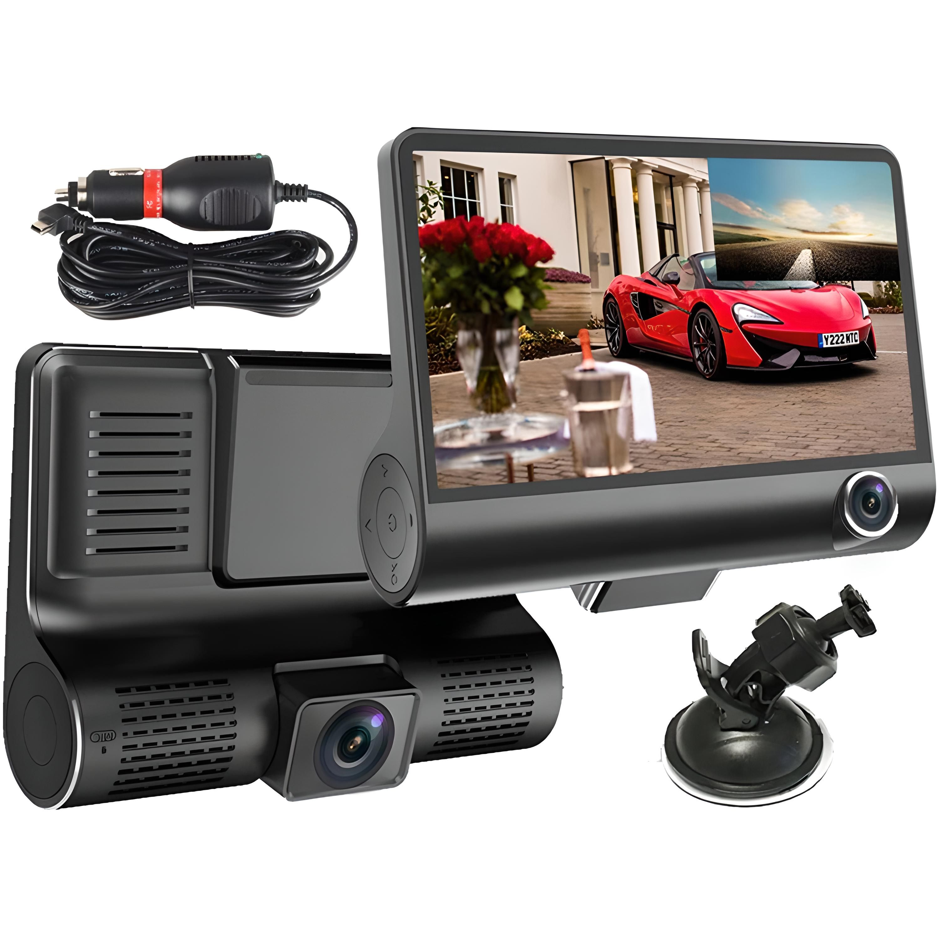 Auto-Dashcam mit Display, das ein rotes Auto und Zubehör zeigt. Weißer Hintergrund.