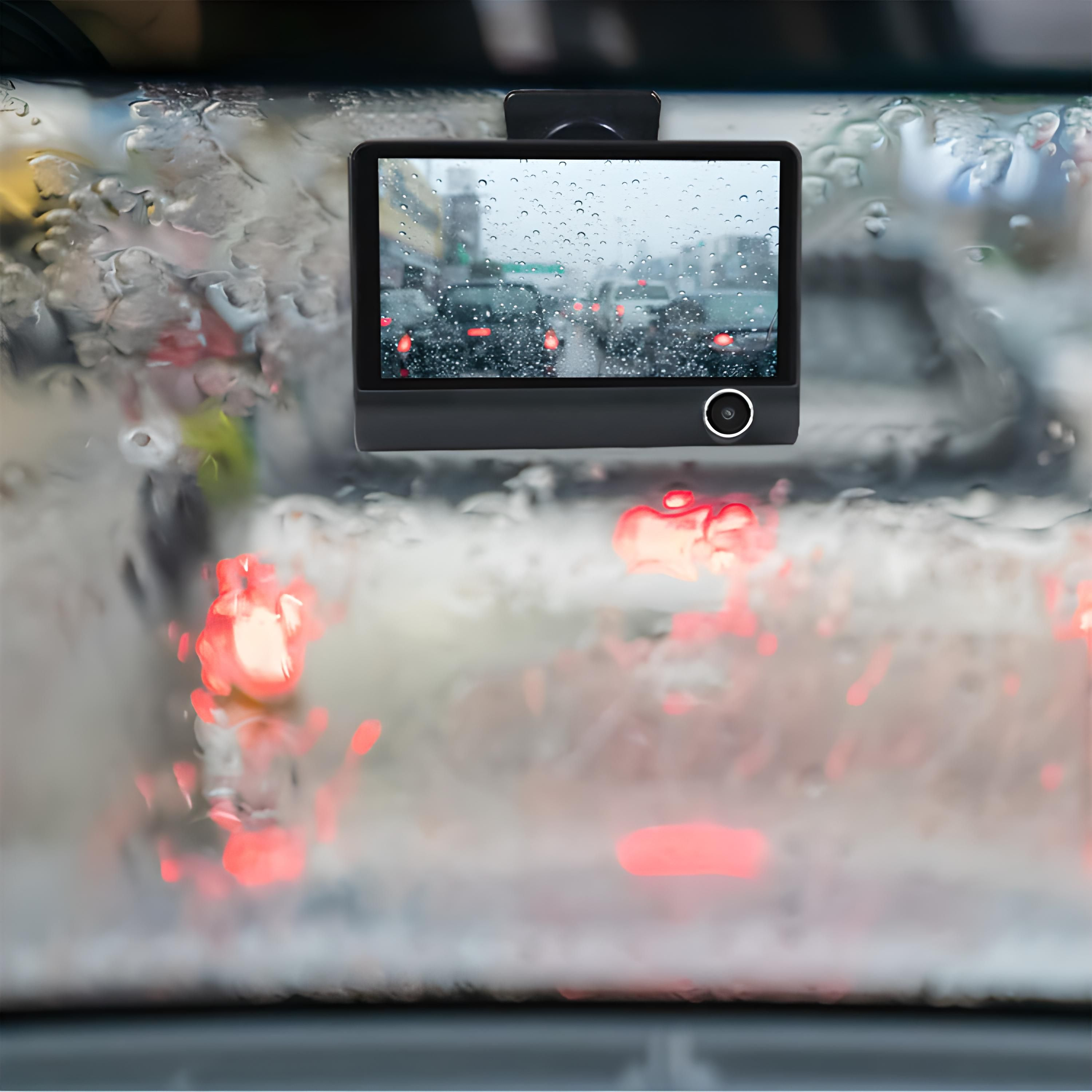 Schwarze Dashcam im Auto. Zeigt eine nasse Straße mit Autos.