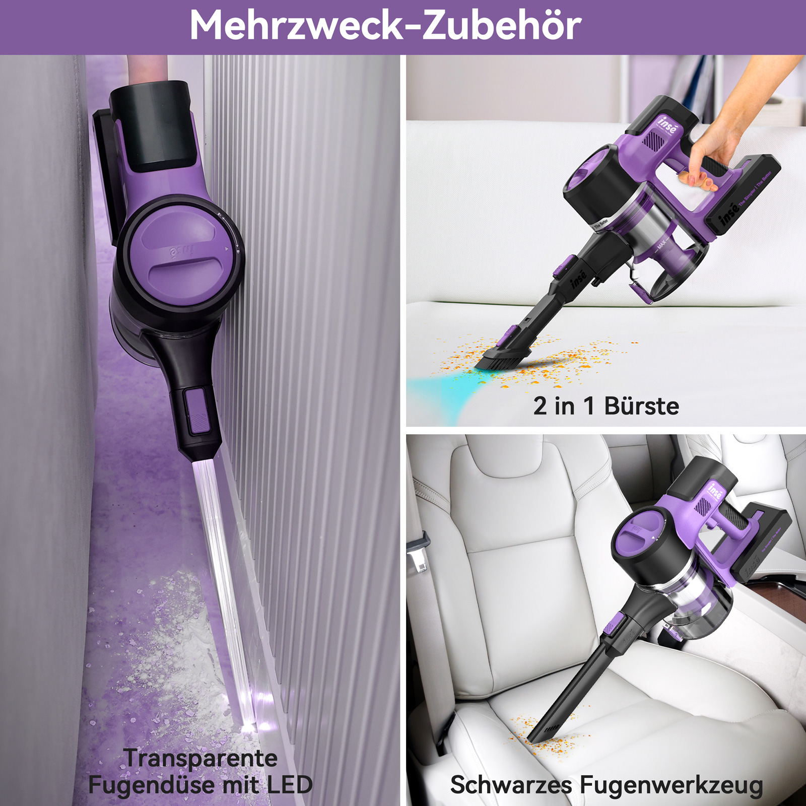 Ein kabelloser Staubsauger im Einsatz, der verschiedene Düsen für verschiedene Reinigungszwecke zeigt.