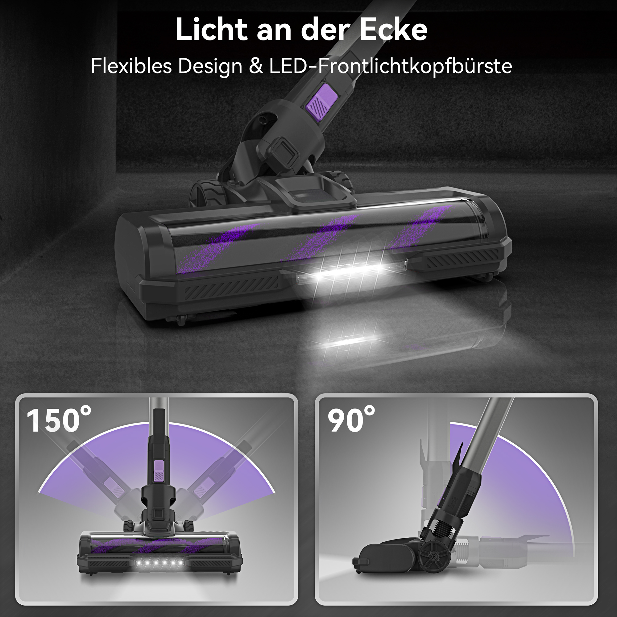 Staubsauger mit flexiblem Design. Zeigt verschiedene Winkel mit lila Lichtern.