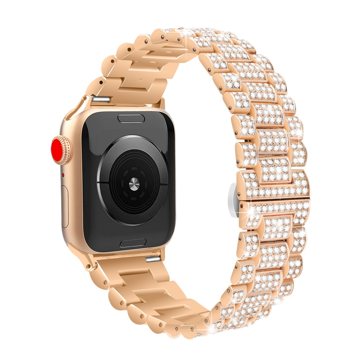 Goldenes Uhrenarmband mit Diamanten. Das Armband umgibt ein schwarzes Zifferblatt mit rotem Knopf.