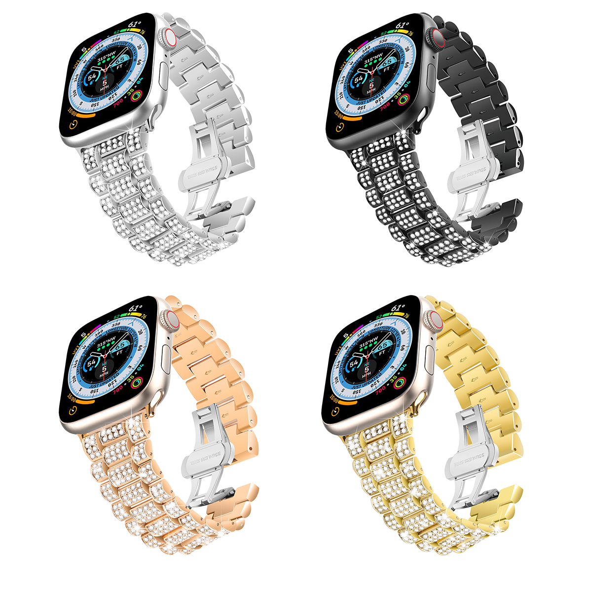 Vier Armbänder mit Kristallen und silbernen, schwarzen, goldenen und roségoldenen Metallfarben.