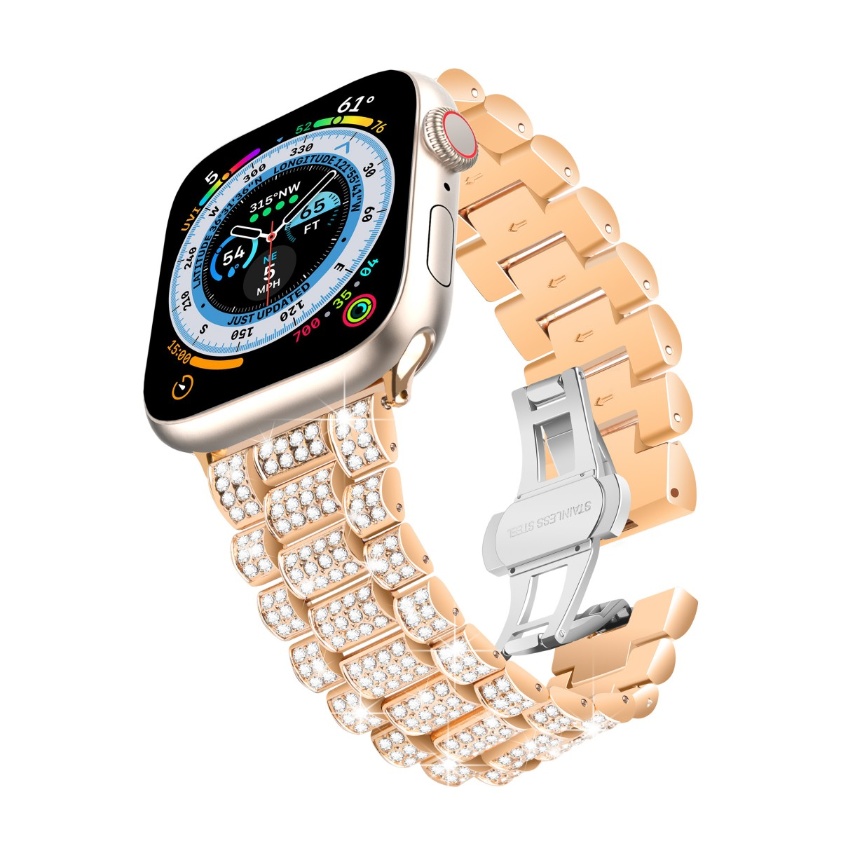Goldene Smartwatch mit einem geschmückten Armband. Das Armband ist aus Edelstahl und hat einen Faltverschluss.