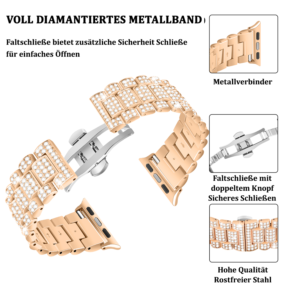 Nahaufnahme eines diamantbesetzten Uhrenarmbands mit Detailansichten des Verschlusses und der Verbindungen.