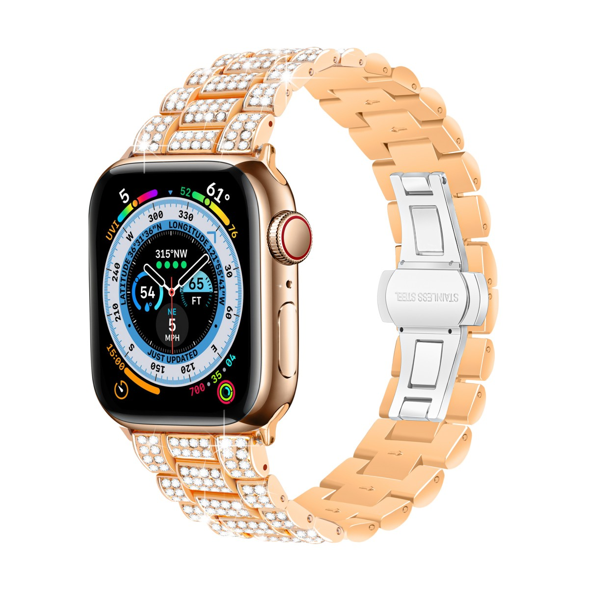 Goldene Smartwatch mit kristallbesetztem Goldarmband. Zeigt Zeit und Gesundheitsmetriken an.
