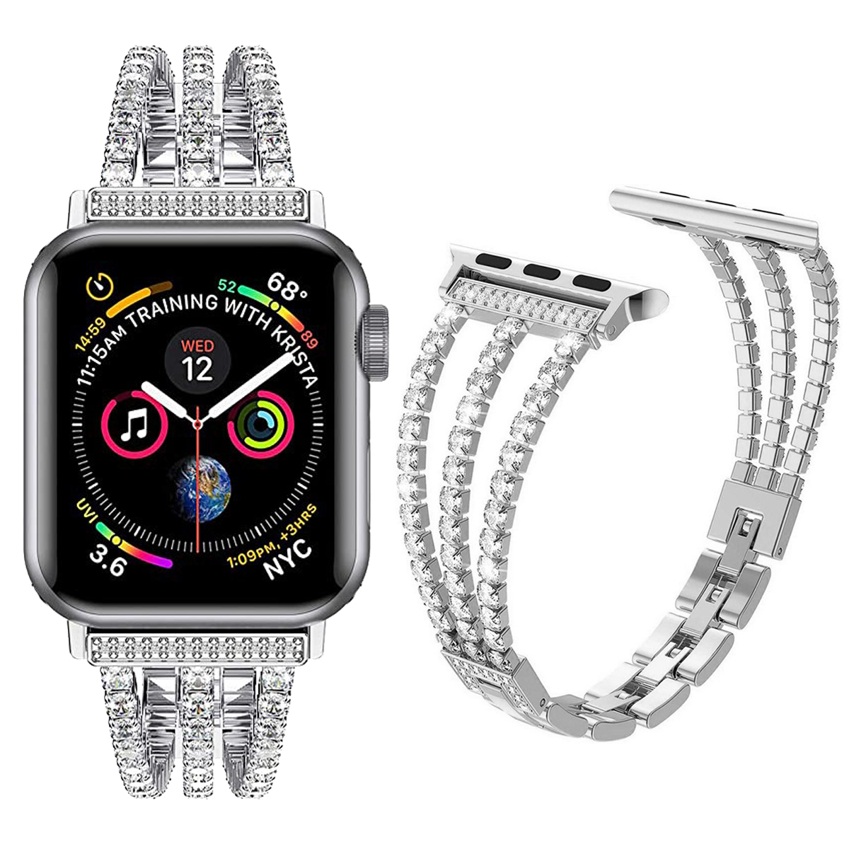 Eine Apple Watch mit Diamantarmband und einem zusätzlichen Band.