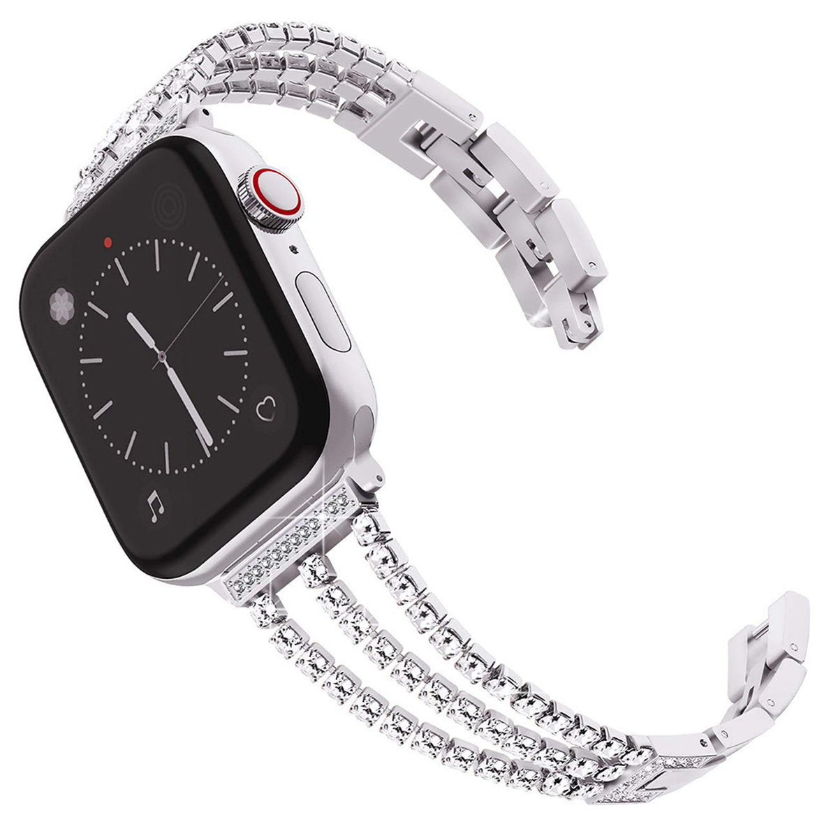 Silberne Smartwatch mit kristallbesetztem Armband, Nahaufnahme, weißer Hintergrund.