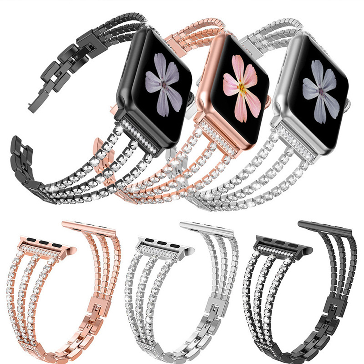 Apple Watch mit verschiedenen Strassbändern in verschiedenen Farben.