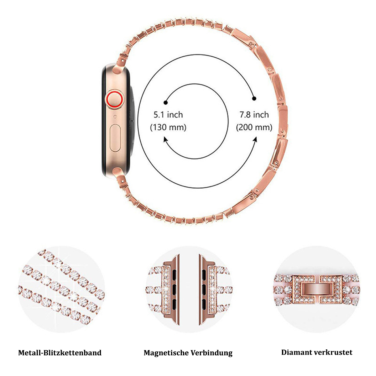 Eine roségoldene Apple Watch mit passendem Metallarmband. Grafiken zeigen Armbandkomponenten und Abmessungen.