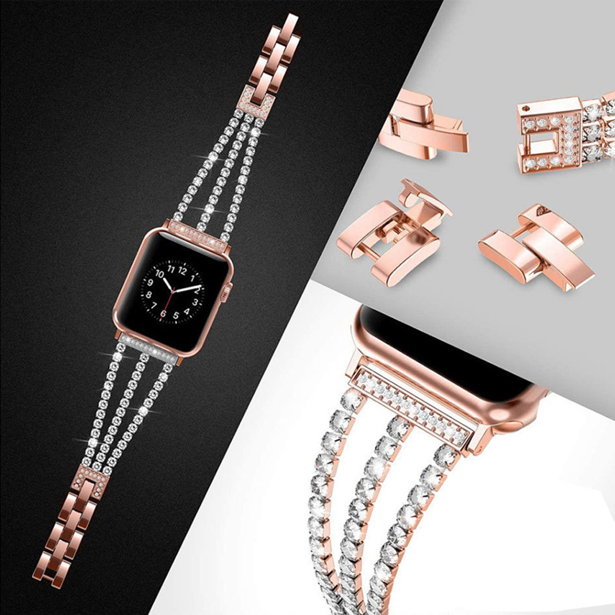 Eine roségoldene Uhr mit funkelndem Armband und passender Schließe, auf dunkler Oberfläche.