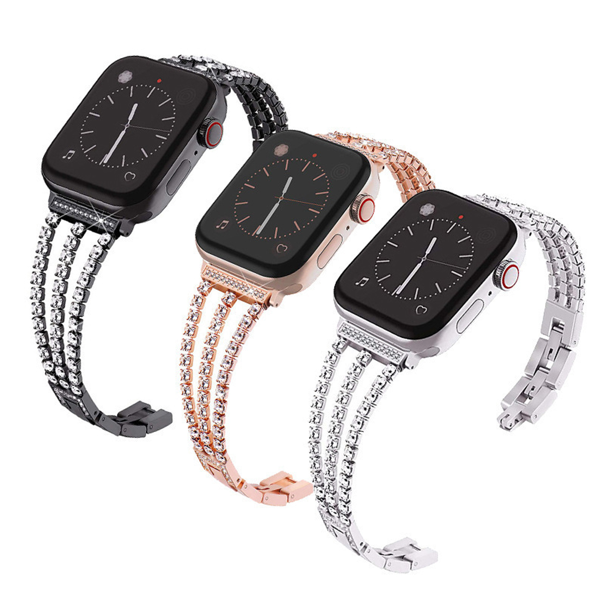Drei Smartwatches mit geschmückten Bändern: schwarz, roségold und silber.