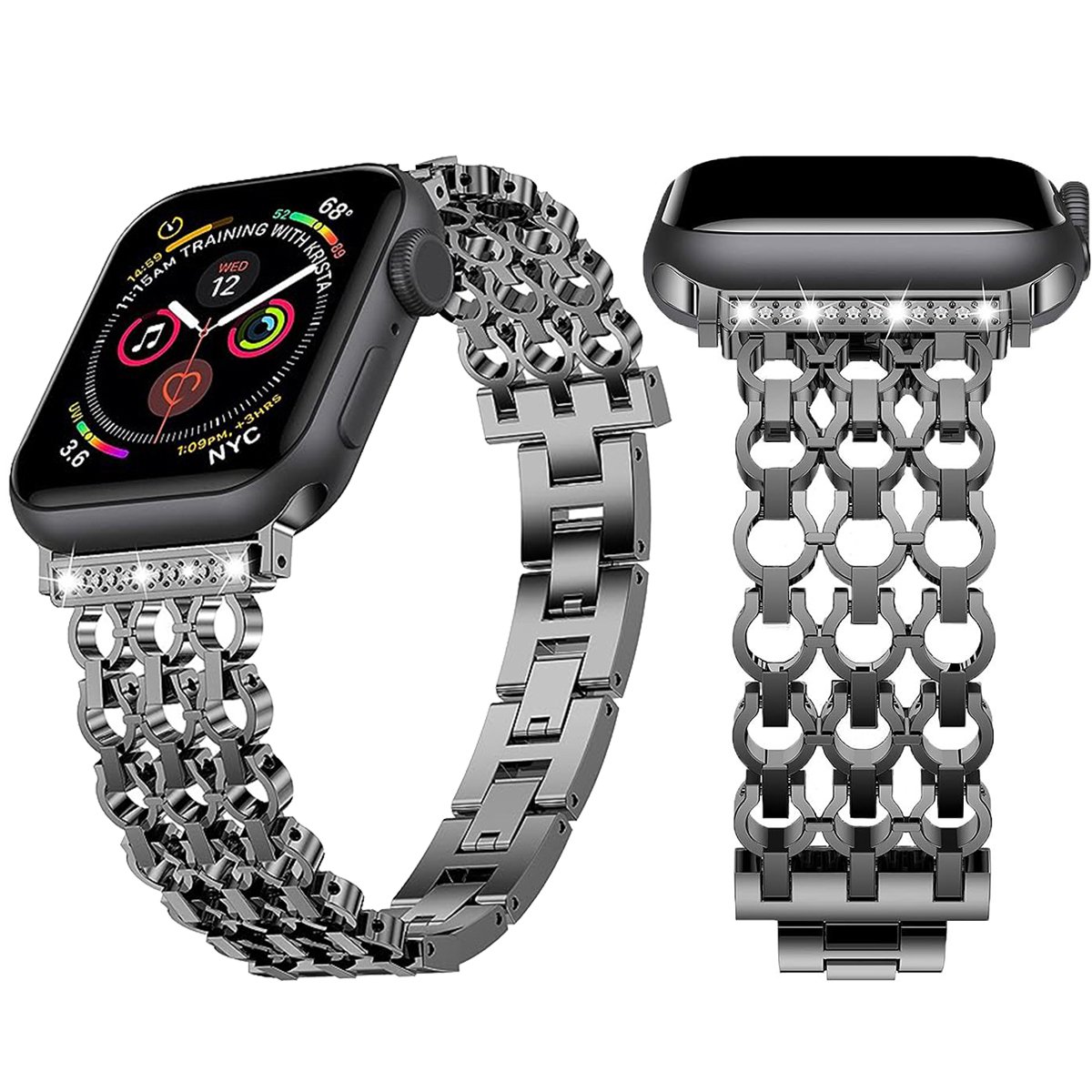 Schwarze Smartwatch mit Metallarmband und ein zweites Band rechts.