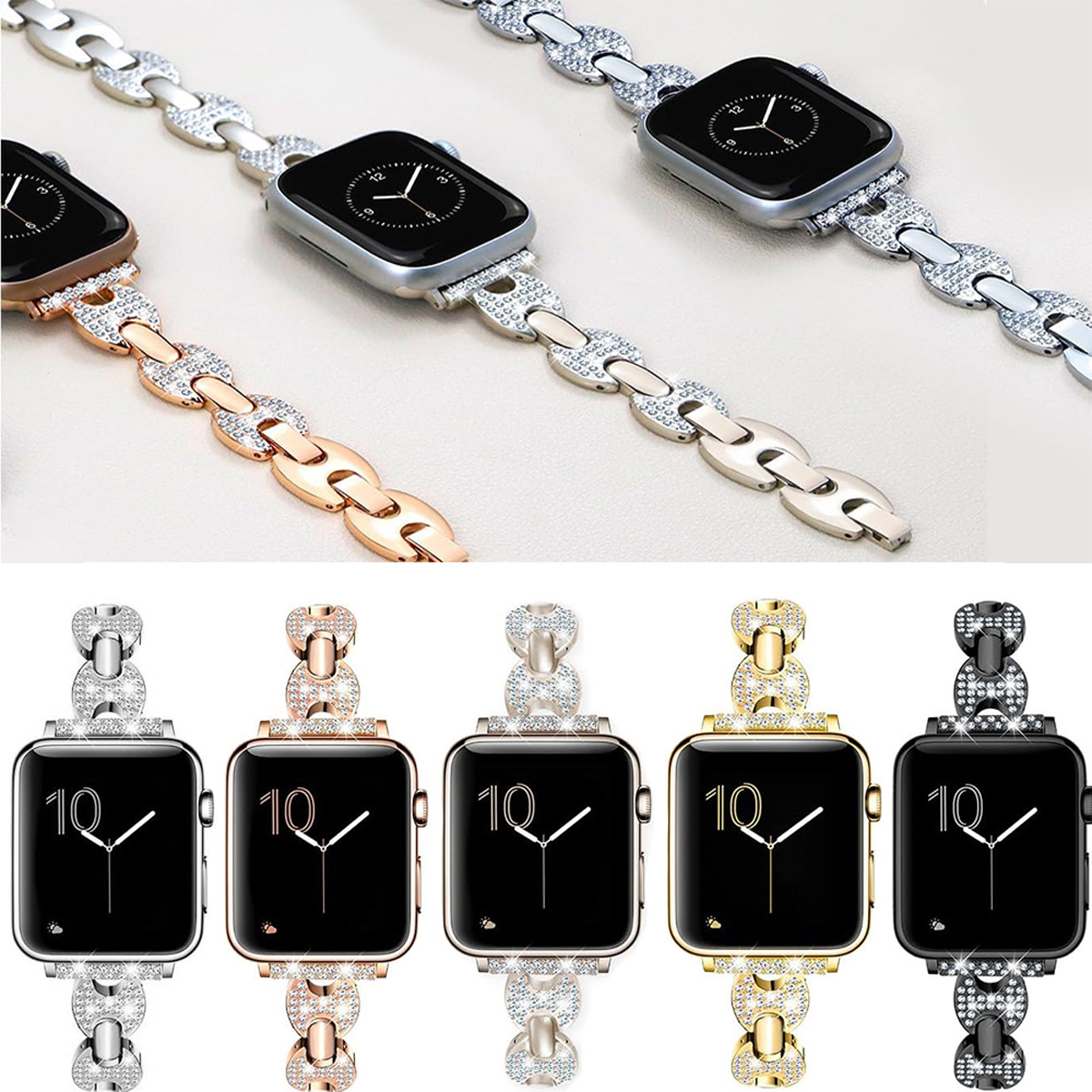 Armbänder für Apple Watch mit Juwelen. Silber, Roségold, Gold und Schwarz sind abgebildet.