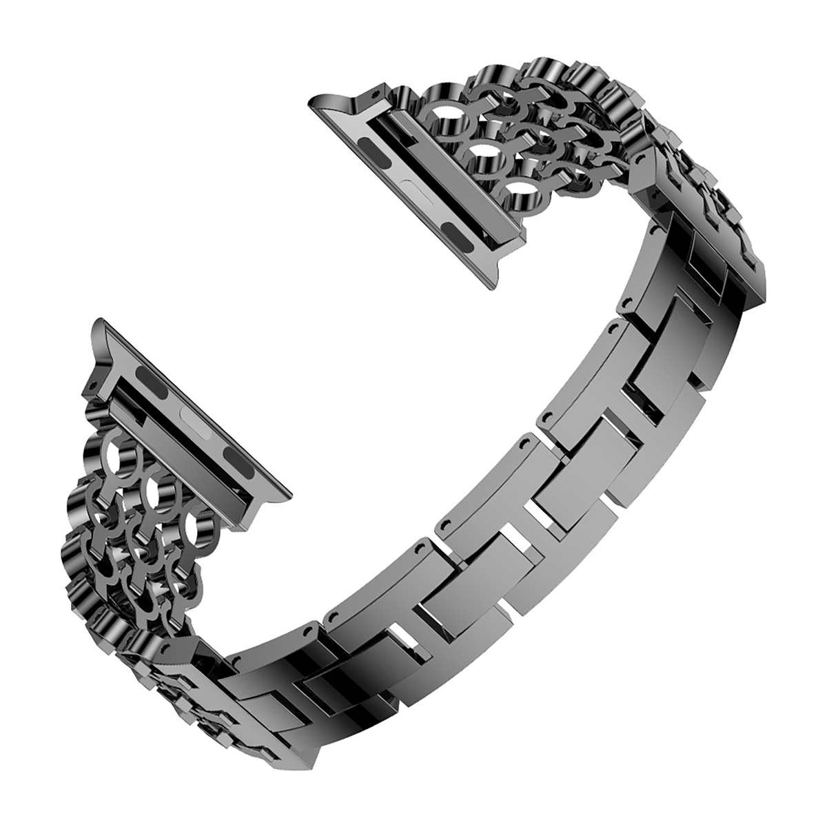 Schwarzes Uhrenarmband. Metallglieder, offene Enden zur Befestigung. Geometrisches Design.