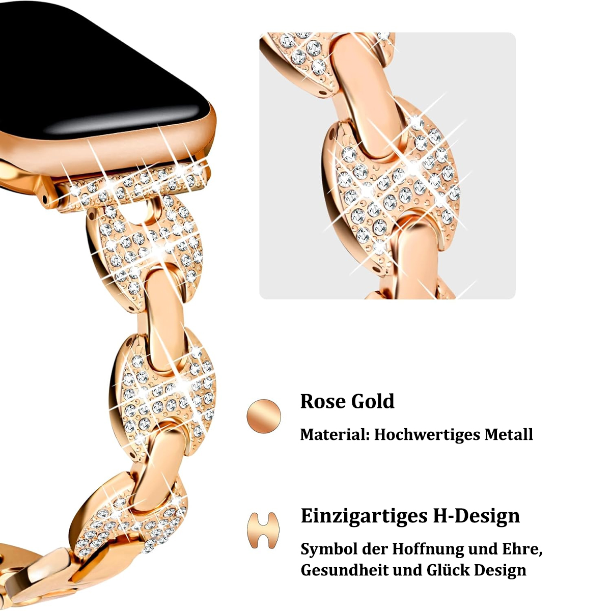 Roségoldenes Uhrenarmband mit Kristallverzierungen, Nahaufnahme-Detail.