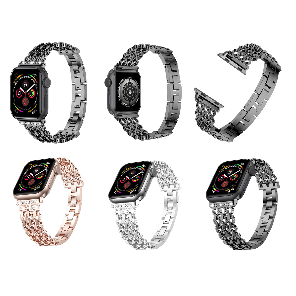 Mehrere Apple Watch-Armbänder in Silber, Schwarz und Roségold.