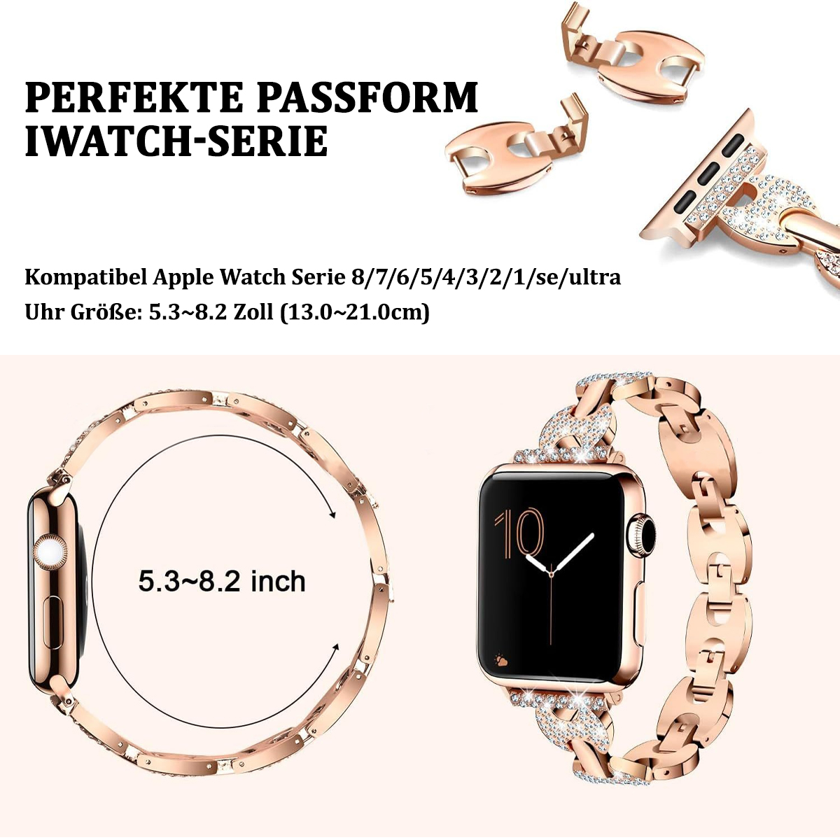 Roségoldenes Apple Watch-Armband und Uhr mit diamantähnlichem Design. Textdetails zur Kompatibilität.
